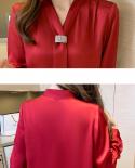 Office Casual Satin Silk Blouse Women Fashion Long Sleeve Chiffon Shirts Tops Ribbon Loose Bow Tie Blouses Women Clothin
