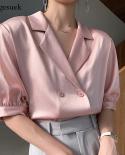 Loose Blue Satin Shirt Women Elegant Notched Office Silk Shirt Women Solid Double Breasted Puff  Sleeve Top Casual Blous