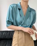 Loose Blue Satin Shirt Women Elegant Notched Office Silk Shirt Women Solid Double Breasted Puff  Sleeve Top Casual Blous