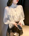 Vintage Elegant Lace Chiffon Shirt Women Fashion Tops Slim Womens Blouse 2022 Autumn Stand Collar Flare Sleeve Blouses 