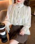 Vintage Elegant Lace Chiffon Shirt Women Fashion Tops Slim Womens Blouse 2022 Autumn Stand Collar Flare Sleeve Blouses 