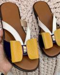 Women Shoes  Summer Women Fashion Flat Color Blocking Bowknot Large Size Sandals Slippers Pu Beach Outdoor Slides  Women