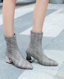 Women Fashion Pointed Toe Thick High Heel Mid Tube Short Boots Winter Autumn Female Gray Work Comfortable Non Slip Zippe