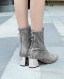 Women Fashion Pointed Toe Thick High Heel Mid Tube Short Boots Winter Autumn Female Gray Work Comfortable Non Slip Zippe