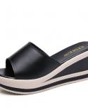 Leather Summer Women Slippers Open Toe Flip Flops Sandals Womans Wedges Black White Slides Thick Sole Fashion Shoes Com