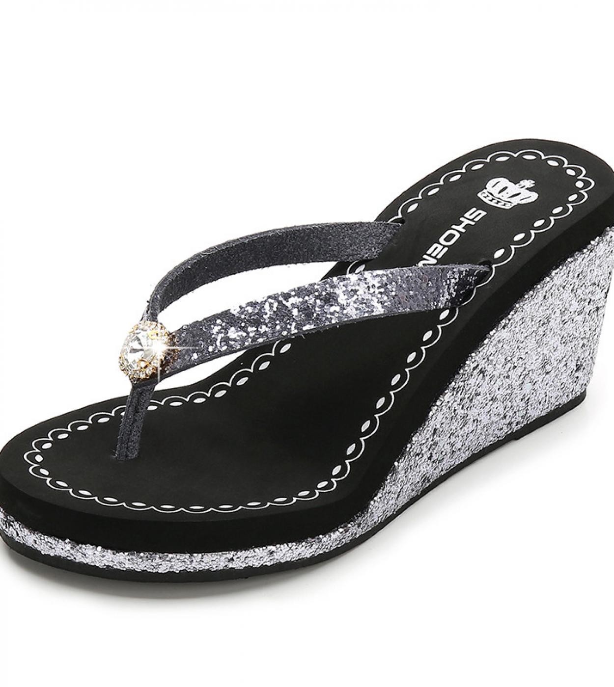2022 New Summer Sequined Rhinestone Ladies High Heel Flip Flops Thick Bottom Beach Slippers Womens Luxury Sandals Wedge