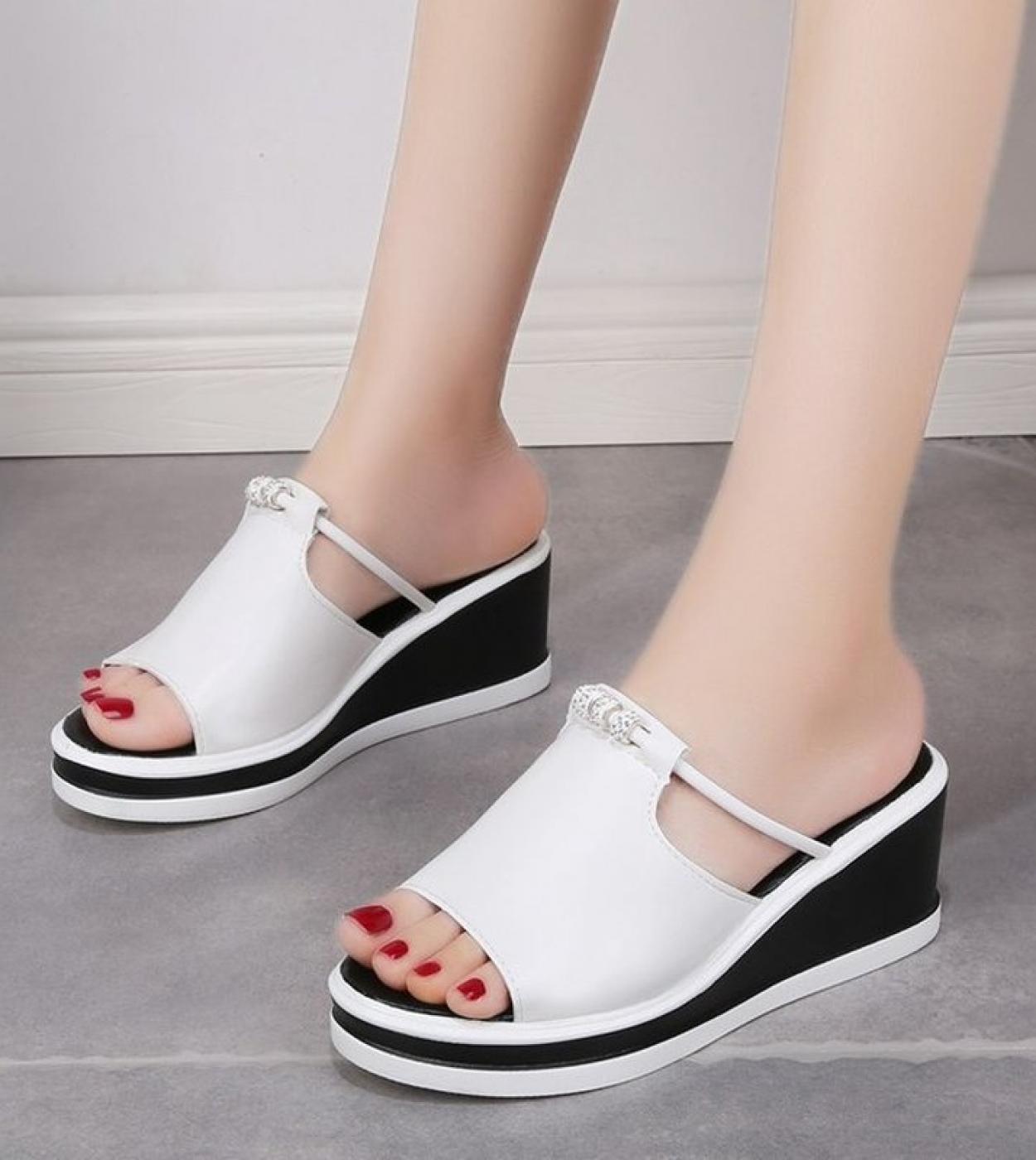 Summer Footwear Women Flat Platform Slippers Slides Elegant Party Sandals Shoes Slip On Open Toe White Leather High Heel