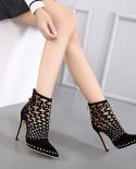 Ladies Gladiator Roman Sandals Summer Rivet Studded Cut Out Caged Ankle Boots Stiletto High Heels Women Luxury  Shoes Pu