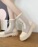 Summer Mesh Boots Women Fashion Lace Up Ankle Boots Woman Shoes Black Sandals Hollow Breathable Zipper Socks Boots Squar