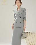 H Han Queen Women Autumn Commuter Business Wear 2 Pieces Set Premium Grey Blazer  Vintage Pencil Skirt  Simple Skirt Su