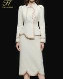 H Han Queen Women Autumn Winter Casual Tweed 2 Pieces Set Vintage Stand Tops  Pencil Skirt  Elegance Simple Skirt Suit 