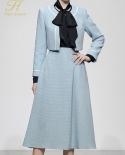 H Han Queen Women 2022 Autumn Winter Office Casual 2 Pieces Set Tweed Top Coat  Midcalf Aline Skirt  Simple Skirt Suit 
