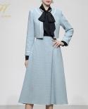H Han Queen Women 2022 Autumn Winter Office Casual 2 Pieces Set Tweed Top Coat  Midcalf Aline Skirt  Simple Skirt Suit 