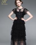 H Han Queen Summer Lace Dresses Women  Retro Mesh Embroidery Vestidos Fashion Black Slim Cake Office  Party Casual Dress