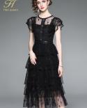 H Han Queen Summer Lace Dresses Women  Retro Mesh Embroidery Vestidos Fashion Black Slim Cake Office  Party Casual Dress