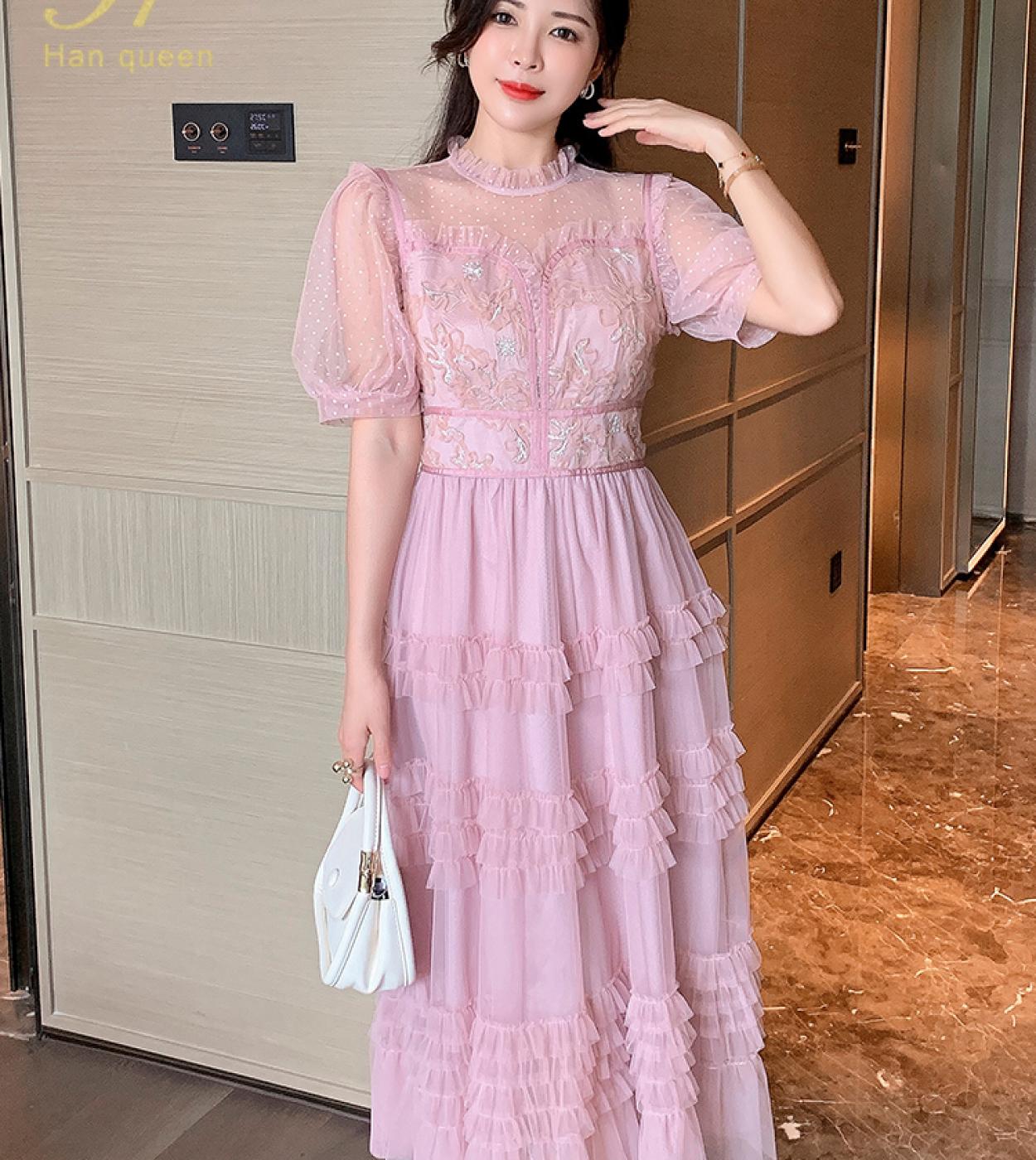 H Han Queen Hot Summer Dress 2022 Puff Sleeves Lace Paneled Mesh Cake Short Sleeve Crew Neck Casual Retro Pink Simple Mi