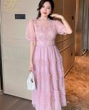 H Han Queen Hot Summer Dress 2022 Puff Sleeves Lace Paneled Mesh Cake Short Sleeve Crew Neck Casual Retro Pink Simple Mi