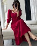 H Han Queen New Womens Simple Red Vintage Dresses French Long Sleeve A Line Office Dress Elegant Slim Long Party Casual