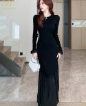 H Han Queen 2023 Spring Elegant Fashion Stitching Elastic Knitted Long Dress Women Sheath Office Party Dresses Bodycon V