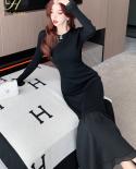 H Han Queen 2023 Spring Elegant Fashion Stitching Elastic Knitted Long Dress Women Sheath Office Party Dresses Bodycon V