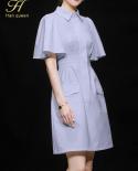 H Han Queen Summer Pocket A Line Shirt Dresses Women Slim Ol Work Casual Party Dress Elegant Simple Series Office Lady V