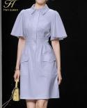H Han Queen Summer Pocket A Line Shirt Dresses Women Slim Ol Work Casual Party Dress Elegant Simple Series Office Lady V