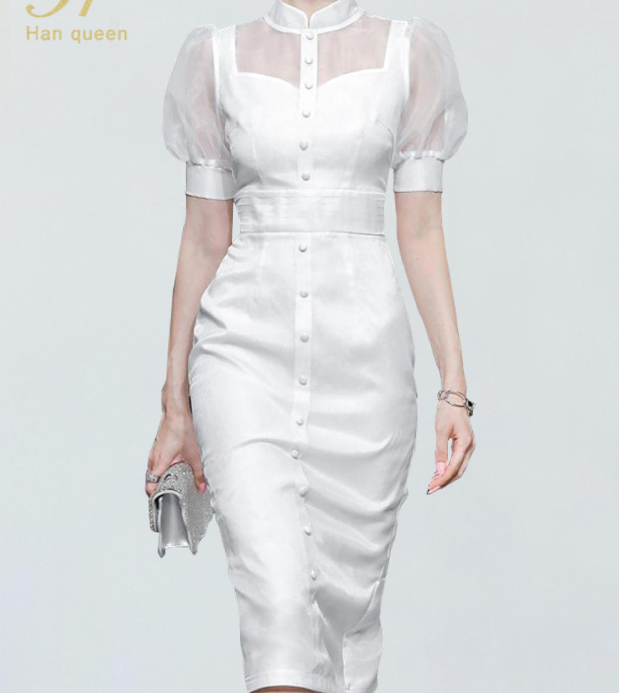 H Han Queen Elegant New Summer White Puff Sleeve Pencil Dresses Women Fashion Buttons Sheath Casual Party Dress Bodycon 