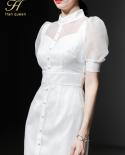 H Han Queen Elegant New Summer White Puff Sleeve Pencil Dresses Women Fashion Buttons Sheath Casual Party Dress Bodycon 