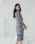 H Han Queen Elegant V Neck Office Pencil Lace Dress Women  Slim Hollow Out Sheath Dresses Party Bodycon Vestido Spring N