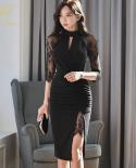 H Han Queen Hot Sale Elegant Fashion Lace Fold Split Pencil Dress Simple Series Dresses Women  Mid Office Casual Vestido