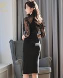 H Han Queen Hot Sale Elegant Fashion Lace Fold Split Pencil Dress Simple Series Dresses Women  Mid Office Casual Vestido