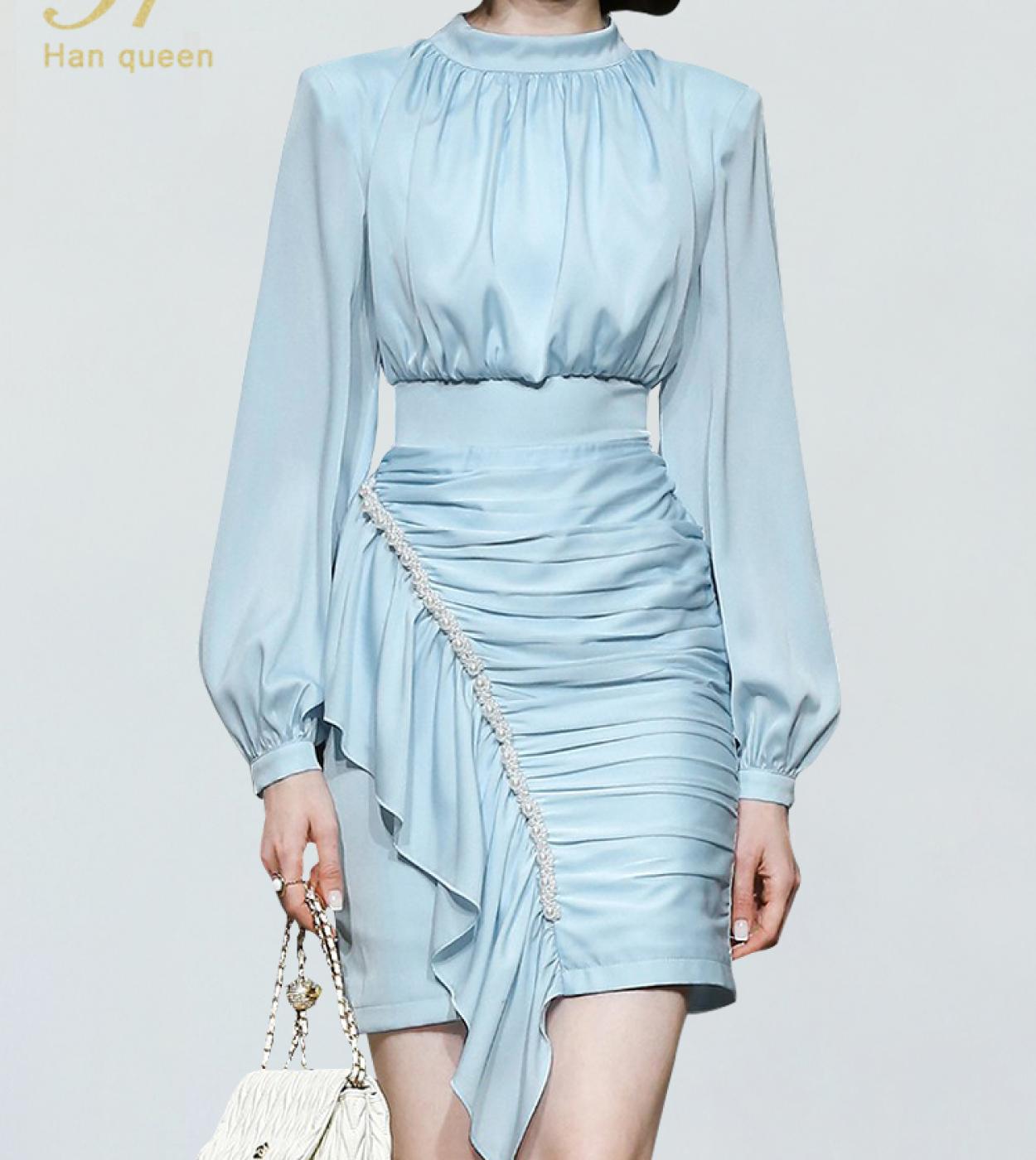 H Han Queen Autumn Dresses Women 2022 New Nail Drill Ruffle Slim Vintage Casual Vestidos Long Sleeve Simple Fashion Part