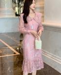 H Han Queen Elegant Autumnwinter Office Lace Dress Women  Lantern Sleeve Embroidery Dresses Simple Sseries Party Vestid