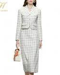 H Han Queen Women Autumn Winter Plaid Tweed 2 Pieces Set Singlebreasted Tops  Vintage Pencil Skirt  Simple Skirts Suits