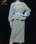 H Han Queen 2022 Winter  Woman Plaid 2 Pieces Set Collision Sweatshirt Top  Vintage Pencil Skirt  Simple Skirt Suit  Sk