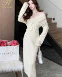 H Han Queen Women 2022 Winter New Casual 2 Pieces Set Lazy Style Vneck Knit Tops  Midi Pencil Skirt  Simple Skirts Suit