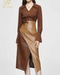 H Han Queen Autumn 2 Pieces Set Women Long Sleeve  High Waist Contrast Color Pencil Skirts Casual Simple Office Lady Sk
