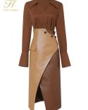H Han Queen Autumn 2 Pieces Set Women Long Sleeve  High Waist Contrast Color Pencil Skirts Casual Simple Office Lady Sk