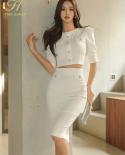 H Han Queen Women 2022 Summer Casual 2 Pieces Set Singlebreasted White Short Blouses  Pencil Skirt  Simple Skirt Suit  