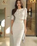 H Han Queen Women 2022 Summer Casual 2 Pieces Set Singlebreasted White Short Blouses  Pencil Skirt  Simple Skirt Suit  