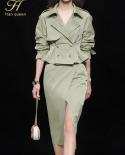 H Han Queen Autumn Professional Woman 2 Pieces Set Double Breasted Trench Coat  Vintage Split Pencil Skirt  Skirts Suit