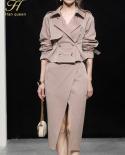 H Han Queen Autumn Professional Woman 2 Pieces Set Double Breasted Trench Coat  Vintage Split Pencil Skirt  Skirts Suit