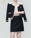 H Han Queen Women 2022 Autumn Winter Casual Duffel 2 Pieces Set Contrast Tops  High Waist Pencil Skirt  Simple Skirt Su