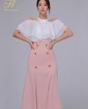 H Han Queen New 2 Pieces Set Women Summer Off The Shoulder Blouses And High Waist Sheath Mermaid Skirts Office Lady Skir