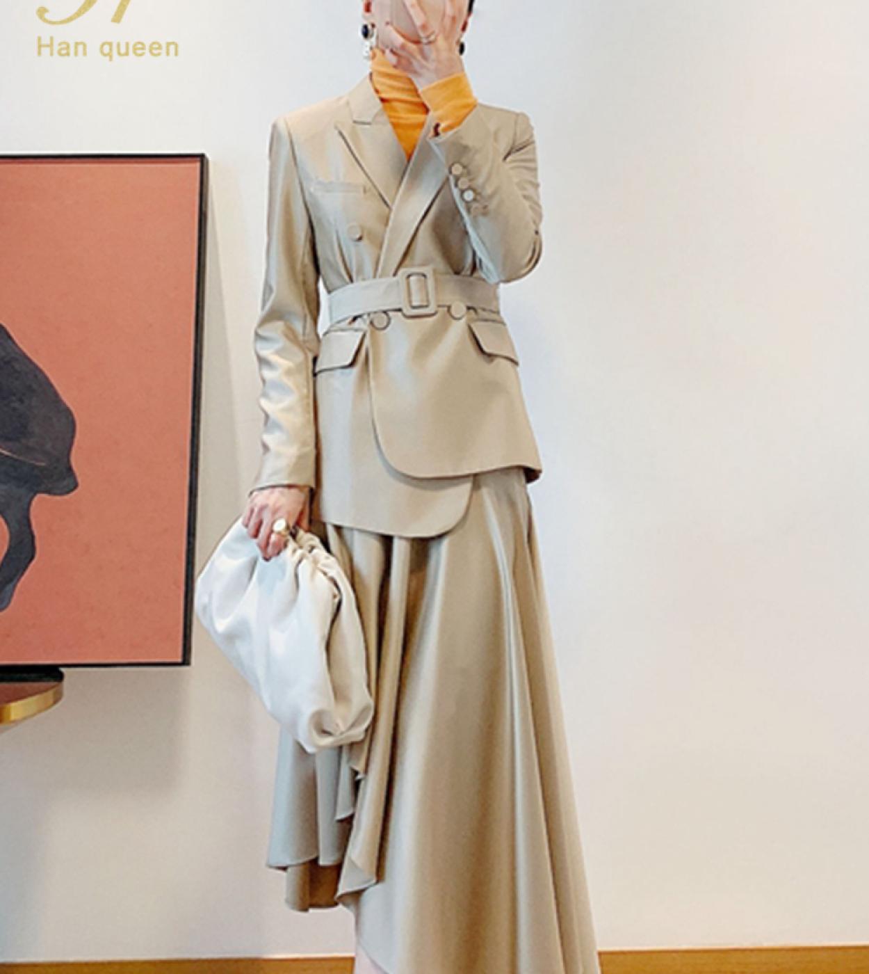 H Han Queen Women Autumn Winter 2 Pieces Set Lace Up Suits Tops  Simple Large Hem High Waist Skirt  Profession Skirt Su