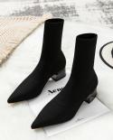 Comemore Womens Dress Pointed Midheeled Short Ankle Boot Female Autumn  2022 Knitted Block Low Heel High Socks Boots Sh