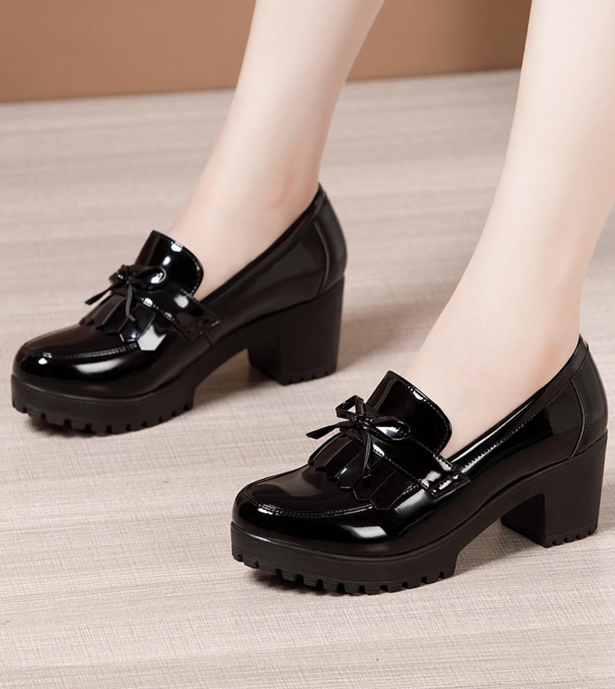 Comemore Female Pumps Spring Slip On Tassels Medium Heels Oxford Women Shoes Woman Party Patent Leather Footwear Plus Si