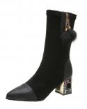 Comemore Short Sock Boots Woman High Boot Elastic Fabric Rhinestone Square Mid Heel Womens Winter Shoes Black Female Fo