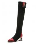 Comemore Short Sock Boots Woman High Boot Elastic Fabric Rhinestone Square Mid Heel Womens Winter Shoes Black Female Fo