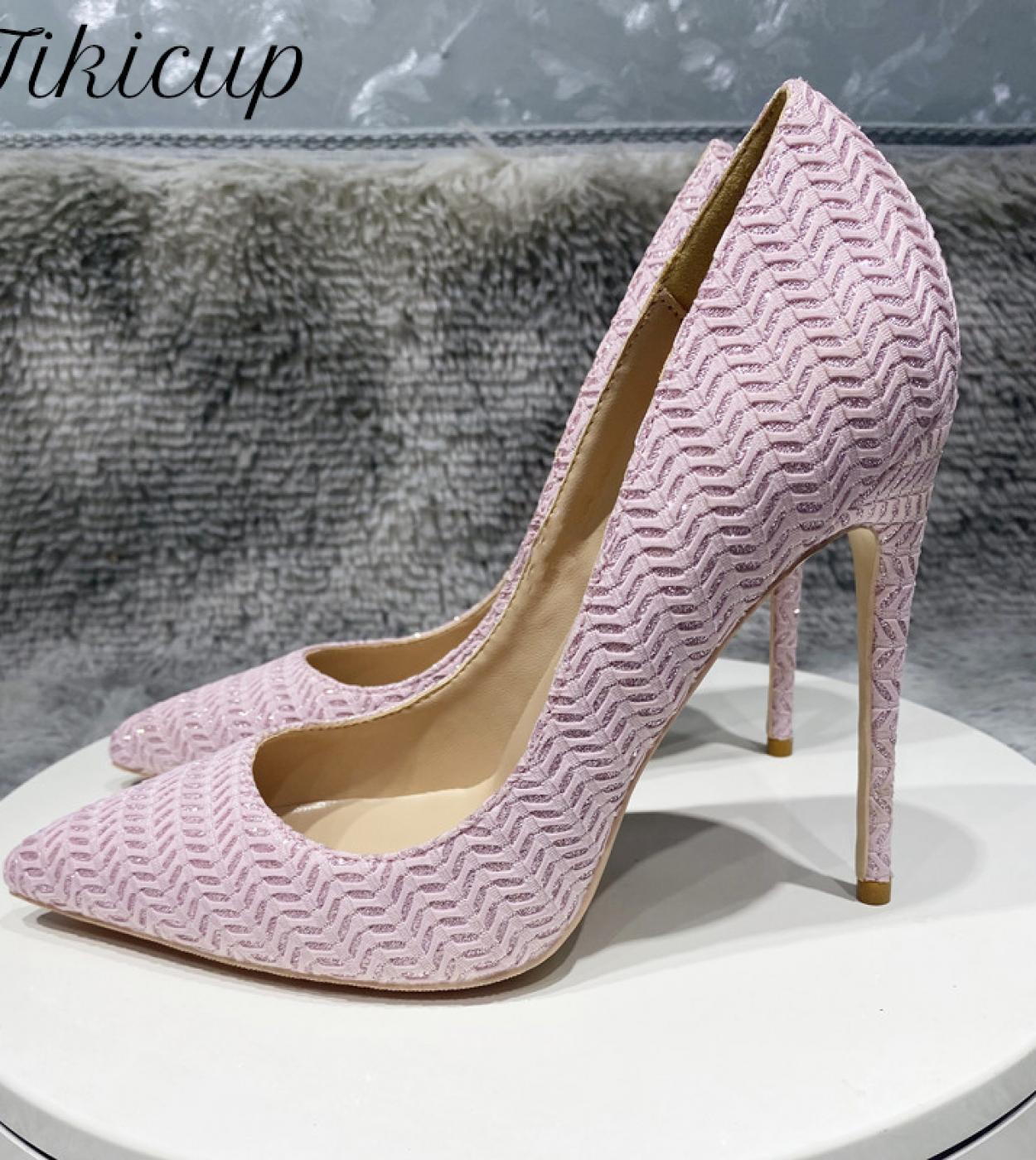 Tikicup Pink Embossed Pattern Fabric Women Pointy Toe High Heel Party Wedding Shoes Ladies  Designer Stiletto Puimps 44 